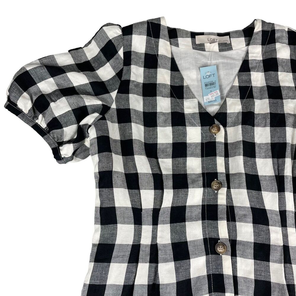 LOFT Dress Womens 8P Petite Black White Plaid Button V-Neck Checkered Casual NWT - Picture 6 of 10
